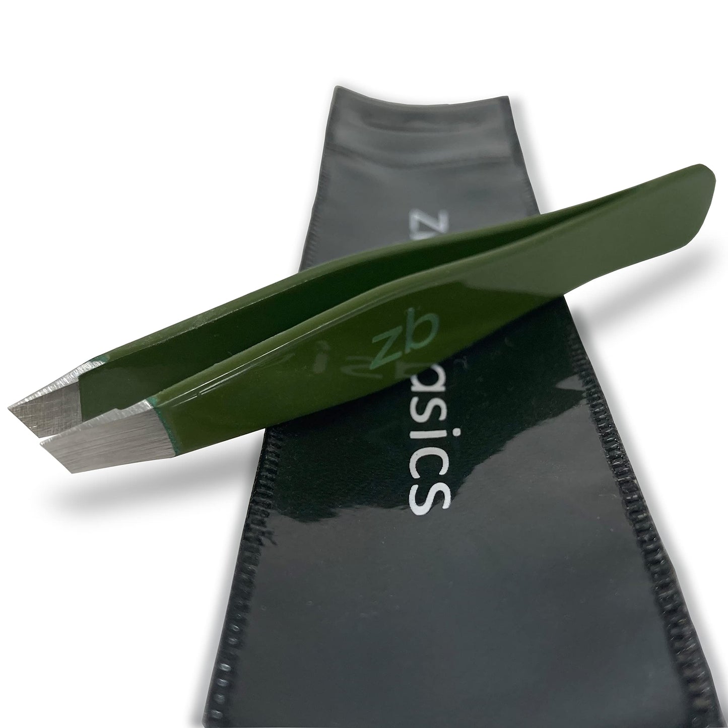 Tweezers – Surgical Grade Stainless Steel - Slant Tip for Expert Eyebrow Shaping and Facial Hair Removal – with Protective Pouch (Army Green)