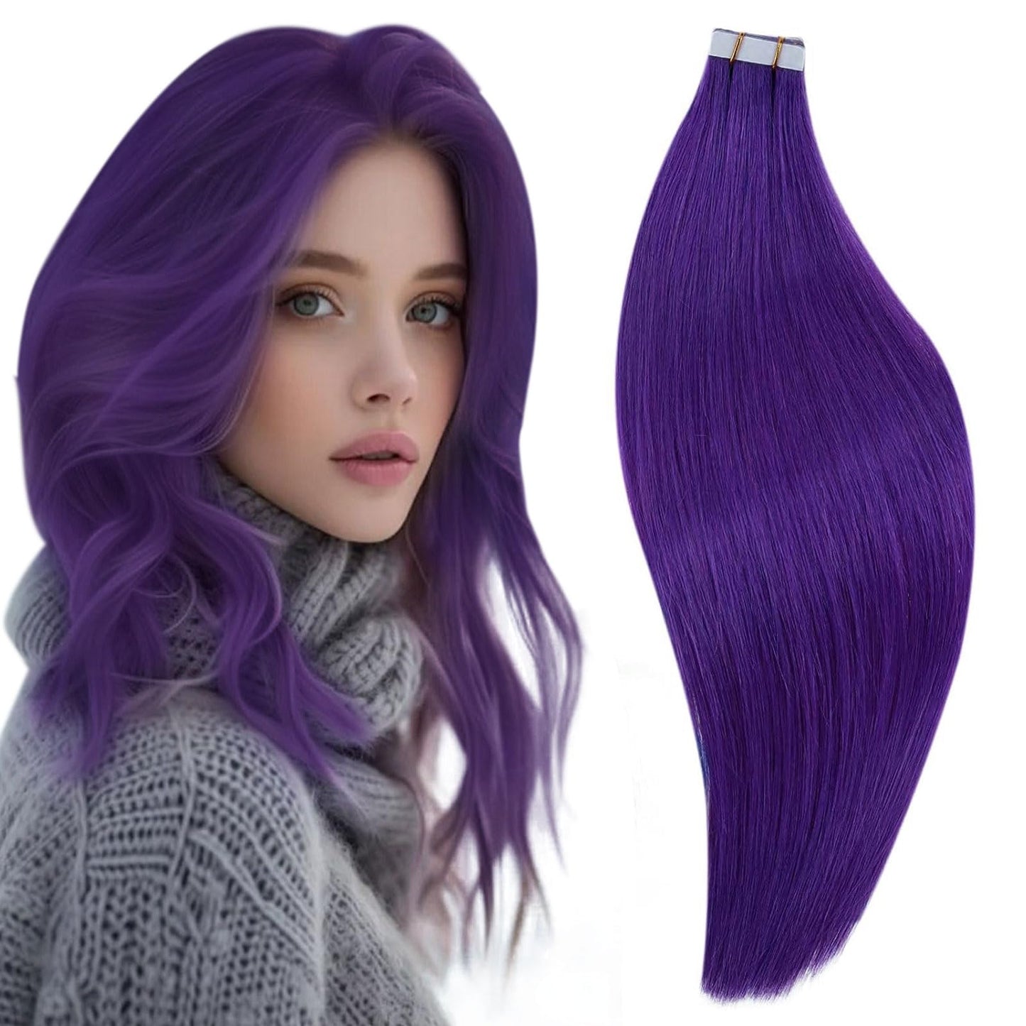 RUNATURE Tape in Hair Extensions Human Hair Purple 16 Inch 50g/20pcs Purple Hair Extensions Tape Ins Invisible Tape in Extensions for Women Human Hair Tape in Extensions Thick Colored Hair Extensions