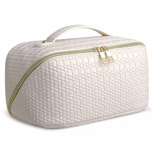 SLUKULU Large Travel Makeup Bag with Multiple Compartments, Waterproof and Easy to Clean. Cute Square Ladies Cosmetics Pouch with Carry Handle for Easy Carrying. (Milk white)