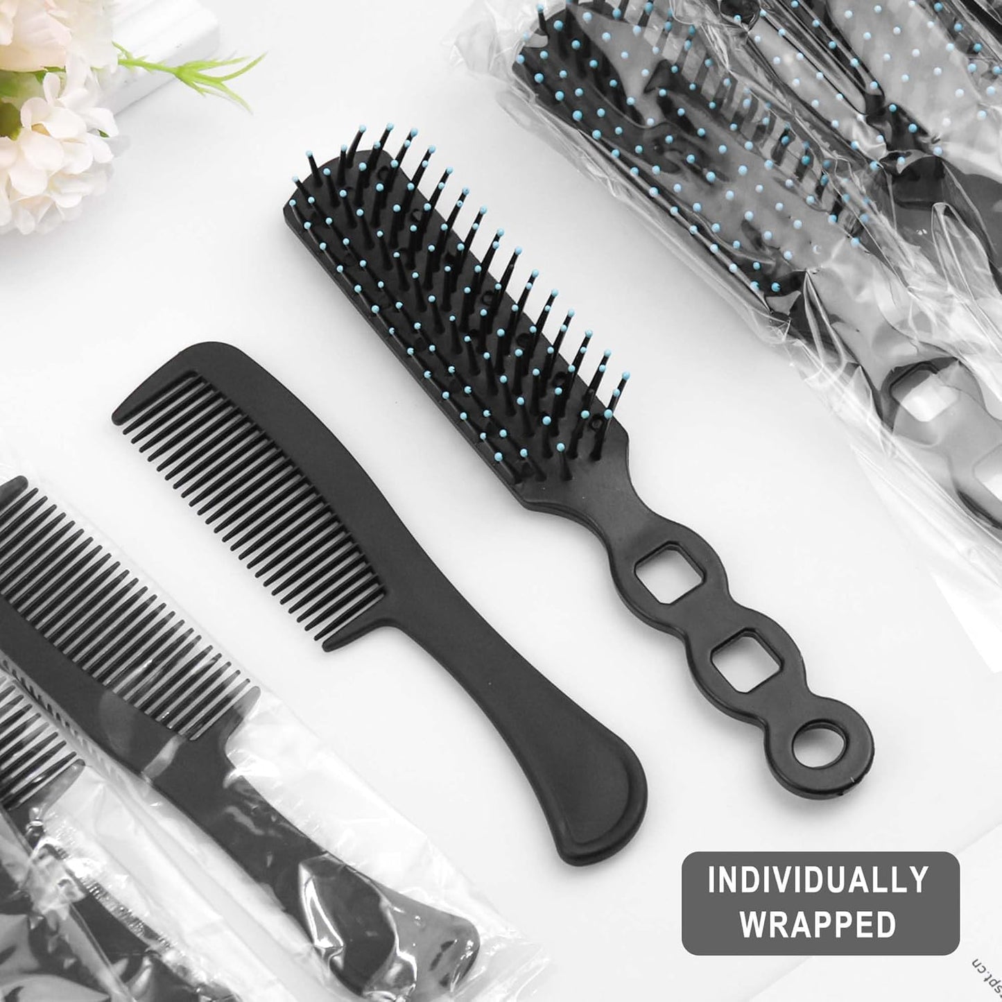 Gisdo 200 Pcs Hair Brush and Comb Set in Bulk for Homeless Individually Wrapped, Bulk Comb Brush Hairbrush for Women Kids Hotel Homeless Charity (Black)