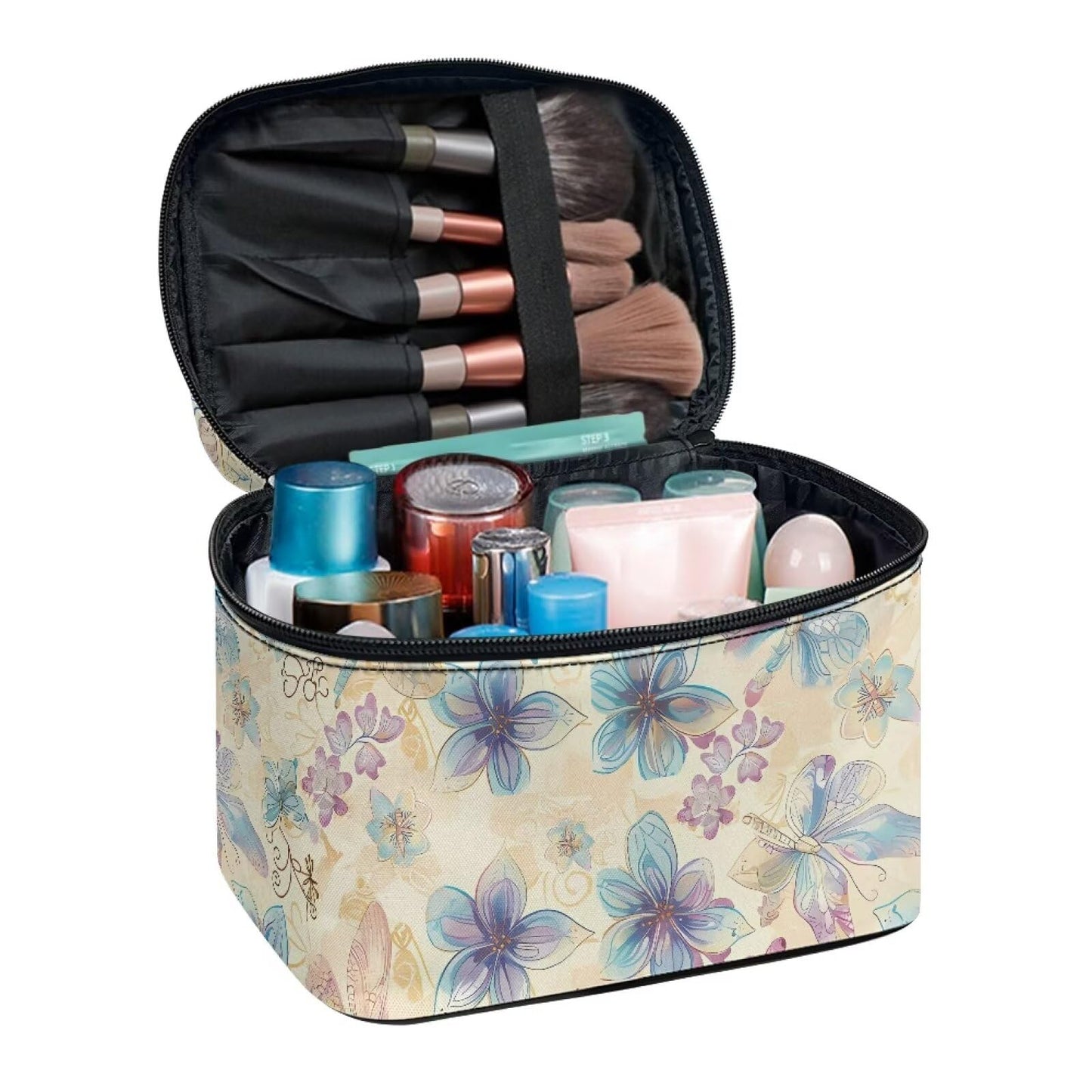 Psaytomey Cosmetic Bags Dragonfly Flower Printed Makeup Organizer Case for Women Ladies Multifunctional Toiletry Bursh Holder Purse Bathroom Receive Bag