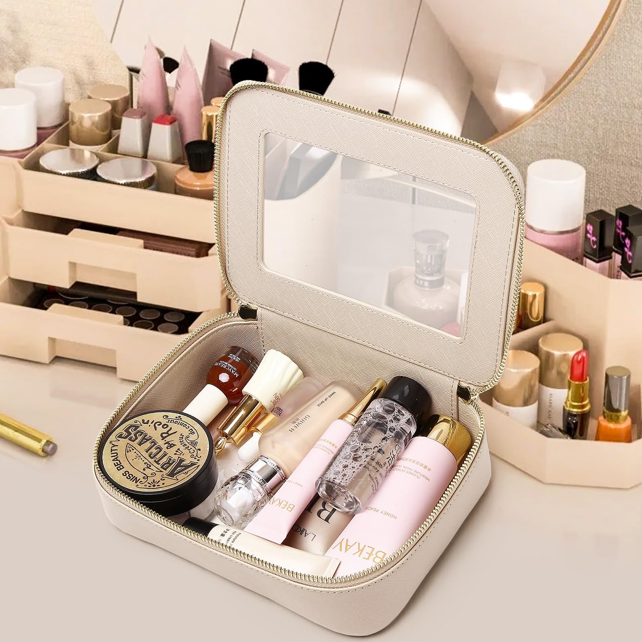 Pinkmik Clear Makeup Bag Travel Case Portable transparent Cosmetic Bag Case Clear Travel Toiletry Makeup Bag for Car with Zipper for Women (P/Beige, M)