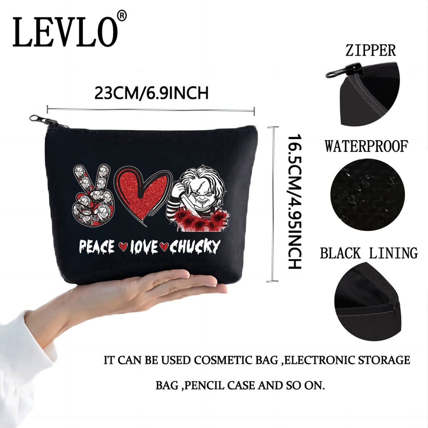 LEVLO Horrible Movie Cosmetic Make up Bag Movie Fans Gifts Peace Love Movie Makeup Zipper Pouch Bag For Horror Movie Lover (Peace Chucky Black)