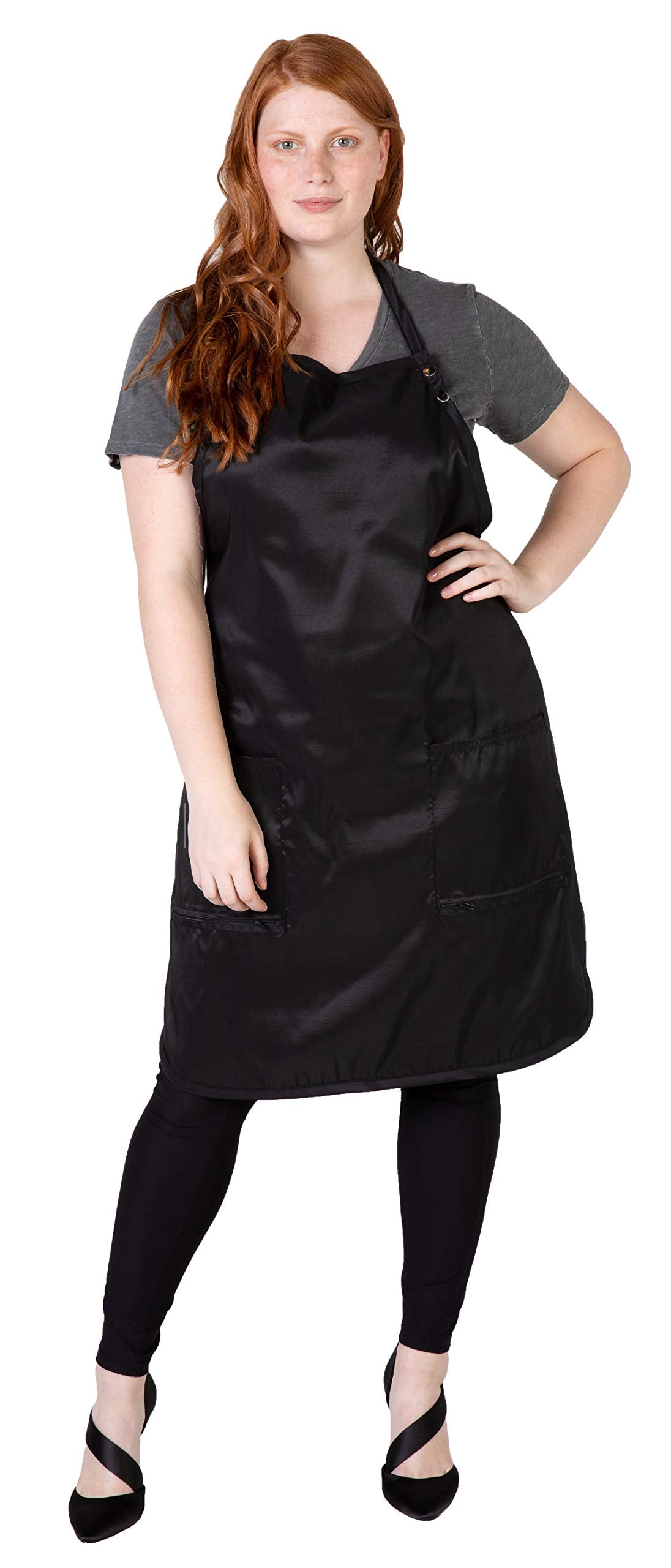 Size Above Plus Size Salon Stylist Apron, Cut for Curves, Neck Strap with Adjustable Snap Closure, Lower Pockets with Zippered Bottoms, Lightweight, Water Resistant Nylon/Poly, Black, 2X