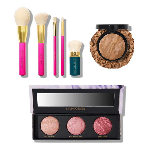 LAURA GELLER NEW YORK Baked Balance-n-Brighten Powder Foundation, Sand + Geller's Greatest Brush Trio + 5pc Full Face Makeup Brush Set | Amazon Exclusive |