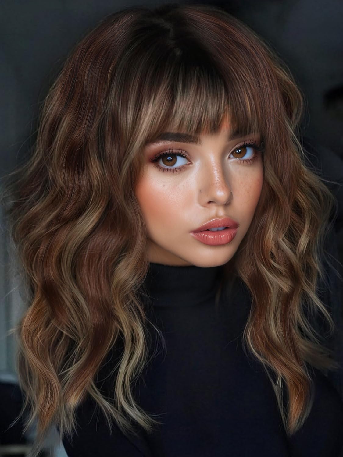 Fancy Hair Brown Highlight Wig With Bangs Medium Length Wavy Wig Synthetic Brown Mixed Blonde Natural Looking Wig With Bangs for Women Daily Party Use 18 Inch