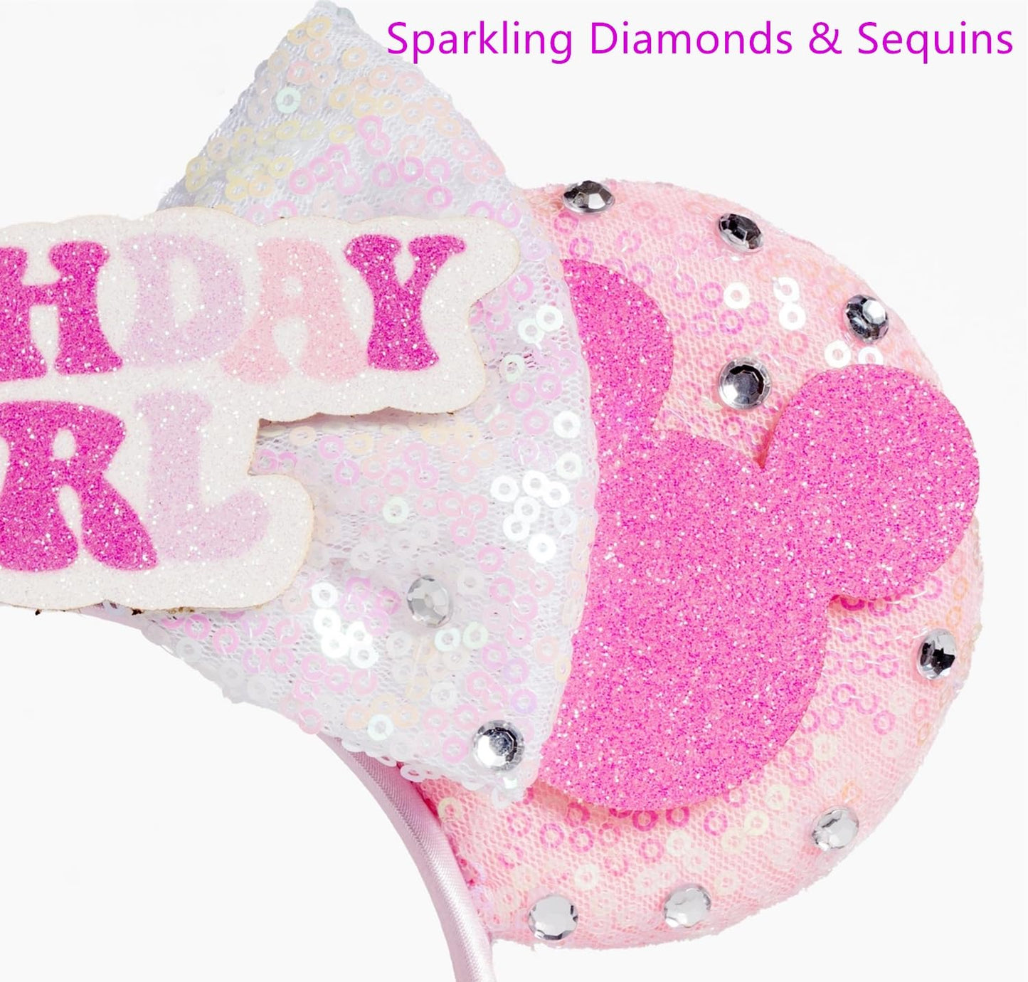 WW-WONDERFULWORLD Mouse Ears Birthday Headbands With Shiny Sequins Diamond Decoration, for Girls Costume Cosplay Glitter Party, for Kids & Adult, Pink; BR-3