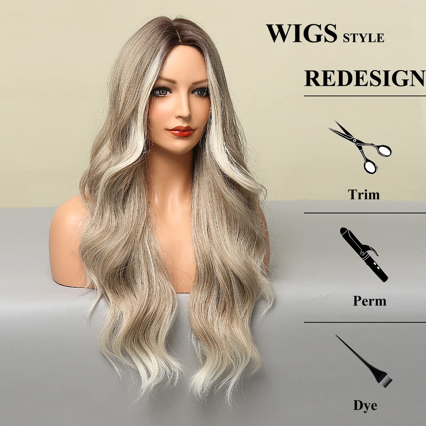 INSGOGO Long Body Wavy Ombre Blonde Wigs for Women 26 Inch 150 Density Heat Resistant Synthetic Wig Natural Middle Part Colored Wig for Cosplay Party