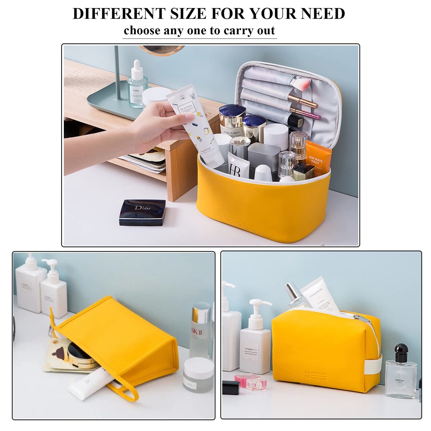 AUSEKALY Makeup Bag Cosmetic Bag Sets 3 Pcs For Women Travel Toiletry Bag for Girl Cute Large Make Up Bag With Brush Bag + Small Cosmetic Pouch Blue Orange Yellow