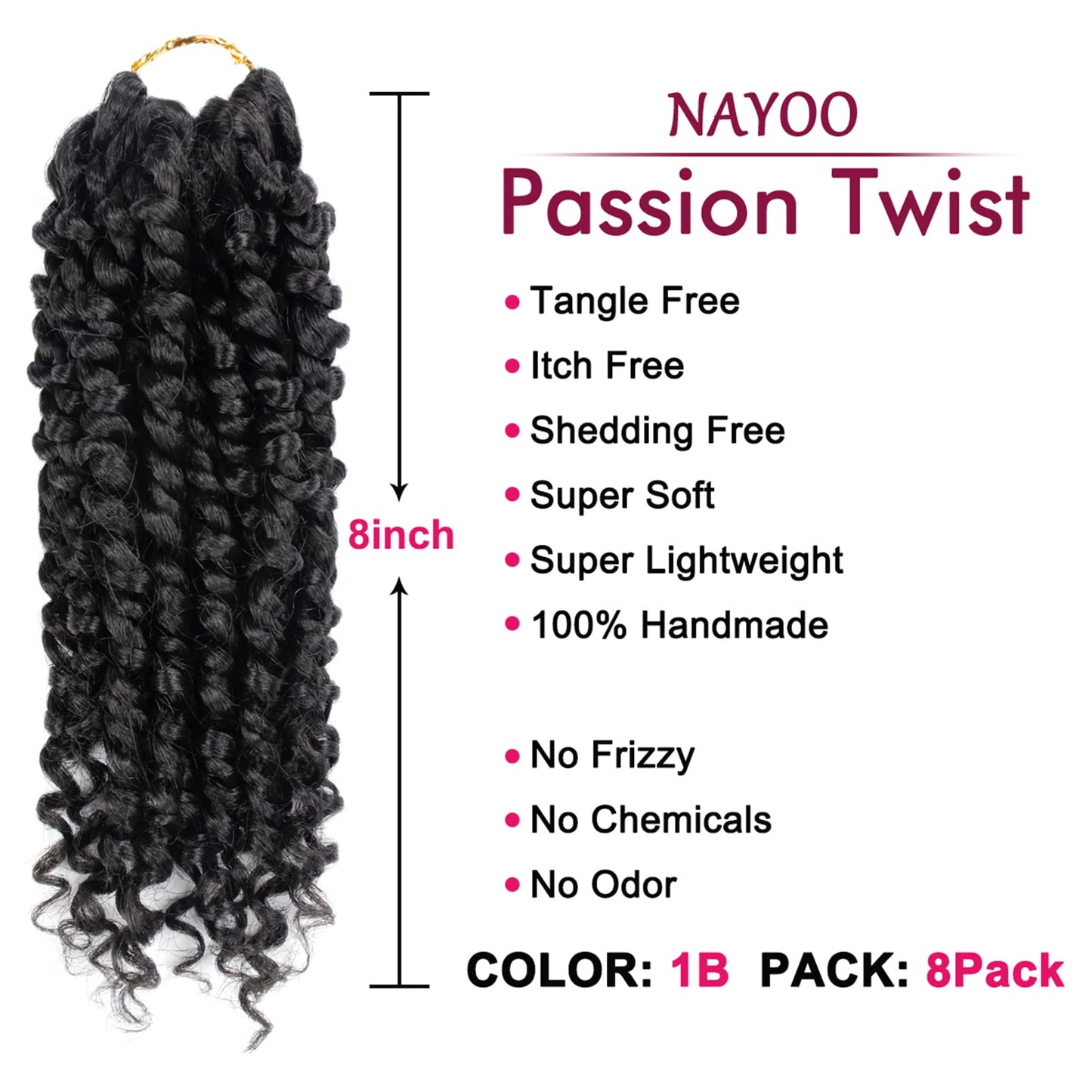 Passion Twist Hair - 8 Packs 8 Inch Passion Twist Crochet Hair For Women, Crochet Pretwisted Curly Hair Passion Twists Synthetic Braiding Hair Extensions(8 Inch 8 Packs, 1B)