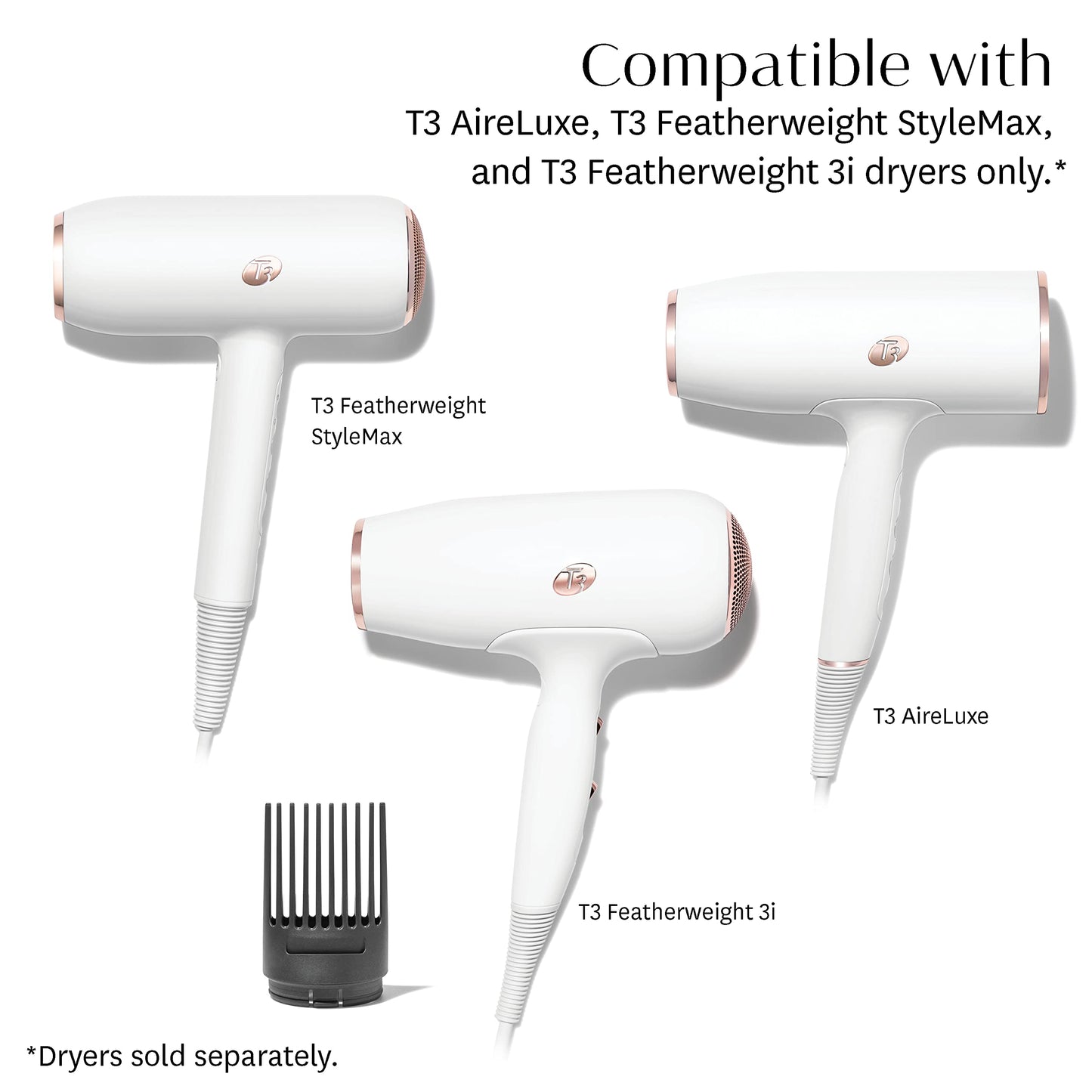 T3 Smoothing Comb Blow Dryer Attachment | Compatible with T3 AireLuxe, T3 Featherweight StylePlus & T3 Featherweight 3i Hair Dryers | Vented Teeth to Prep, Stretch and Detangle Curly or Coily Hair