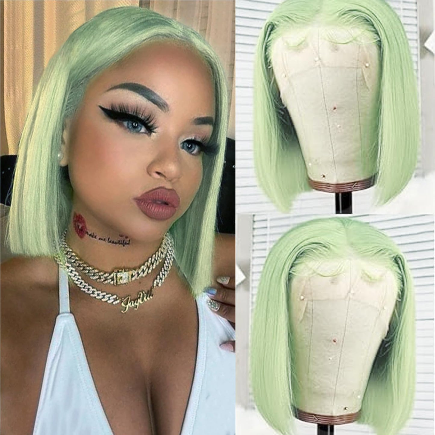 Mint Green Bob Wig Human Hair 10Inch Straight 13x4 HD Transparent Lace Frontal Wig Free Part Wig Short Bob 100% Human Hair Pre Plucked with Baby Hair and Natural Hairline for Women(10Inch,Mint Green)