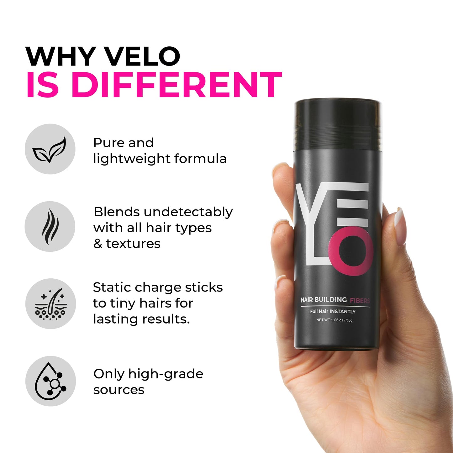 VELO Hair Building Fibers for Thinning Hair, 30g Fill in Fine, Instantly Thicker & Fuller Look, Hair Thickening Fiber, Conceals Hair Loss, Hair Powder for Women & Men, Long Lasting (DARK BROWN)