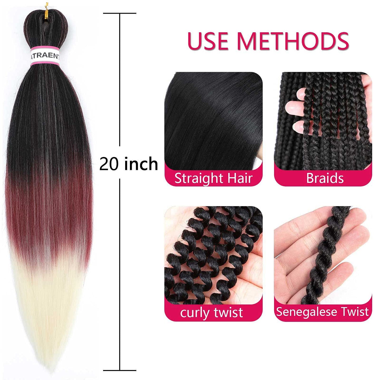 Pre Stretched Braiding Hair 8 Packs - 20 Inch Ombre Braiding Hair,Three Tone Yaki Texture Prestretched Crochet Braids Hair, Synthetic Hair Extension Itch Free Hot Water Setting (20 Inch, 1B/red/613)