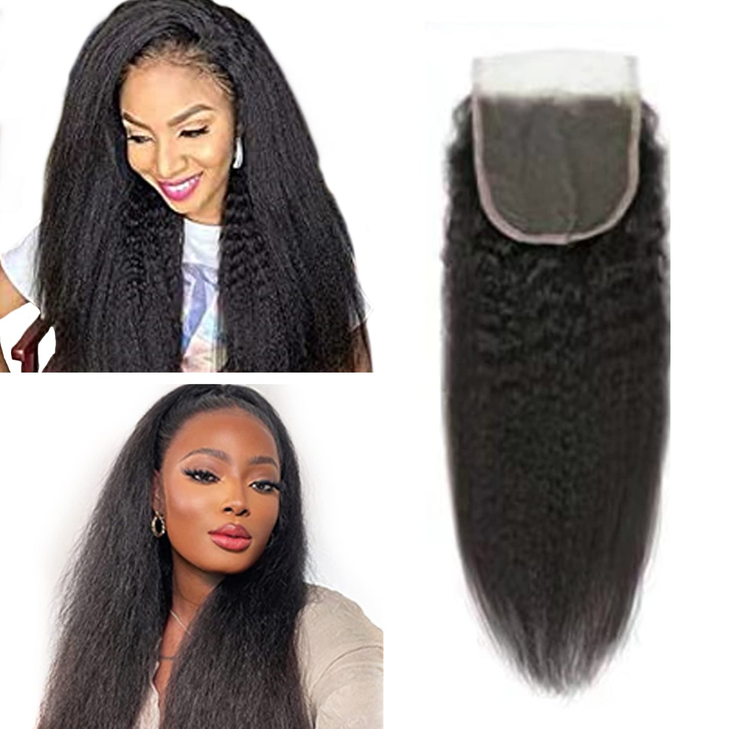 Selina Lace Closure Kinky Straight 4x4 Lace Closure Hd Lace Closure Kinky Straight Human Hair Free Part Lace Closure Hair Natural Color Black(14inch Kinky Straight, 4x4)