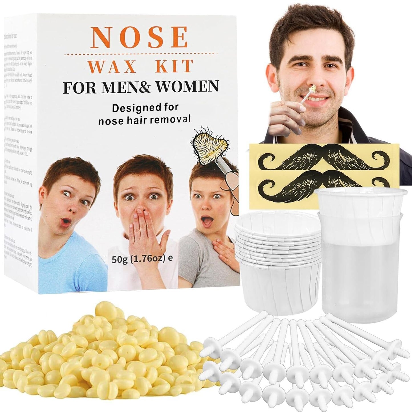 Nose Wax Kit from CoFashion 50g Wax for Nose Hair Removal, Nose Waxers Nose Wax Kit for Men Ear Hair Waxing Kit with 20 Applicators Nose Hair Remover Waxing Kit, 10 Paper Cups