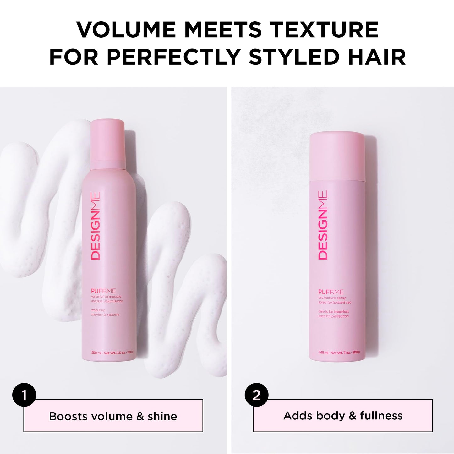 PUFF.ME Volumizing Spray & Volumizing Mousse for Curly Hair Bundle by DESIGNME | 7-Oz Dry Texture Spray for Hair & 8.5-Oz Curly Hair Mousse | Color-Safe, Flexible-Hold Hair Texture Spray & Mousse