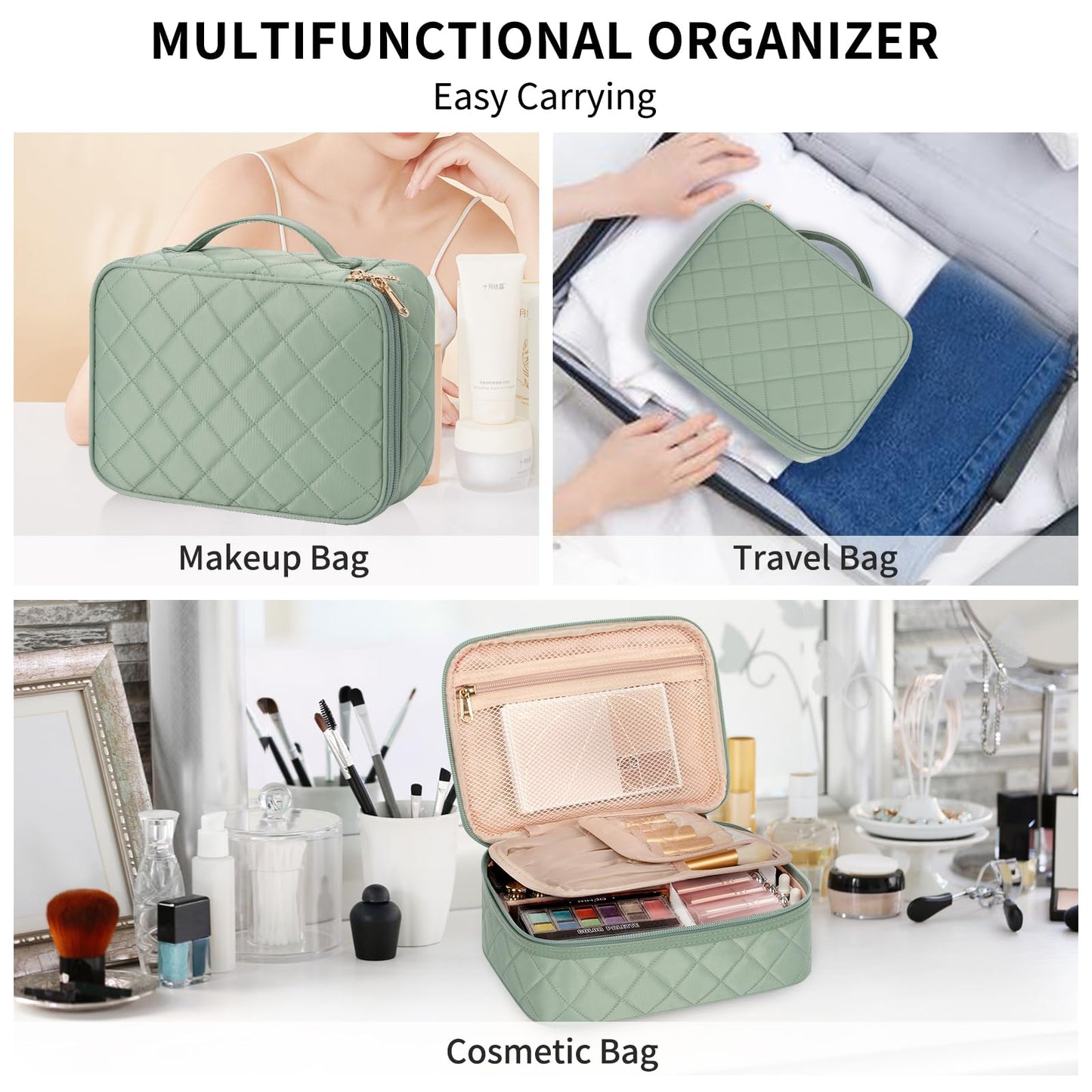 Makeup Bag, Potable Make up Bag Cute Makeup Organizer Bag for Toiletry Cosmetics Accessories with Divider and Brushes Compartments, Makeup Travel Case Cosmetic Bags Women and Girls- Nylon Green