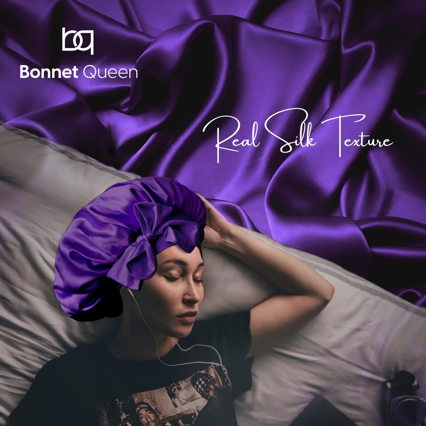 BONNET QUEEN Silk Bonnet for Sleeping Women Satin Bonnet Hair Bonnet Night Sleep Cap Scarf wrap for Curly Hair with tie Band Purple