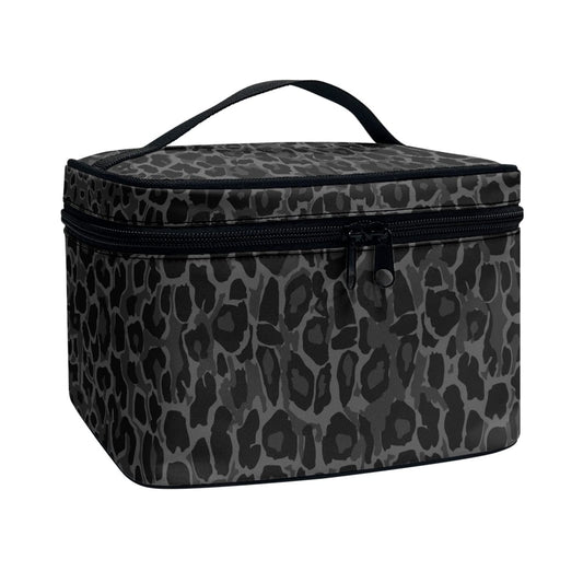 Horeset Black Leopard Print Makeup Bag Cosmetic Organizer Storage Pouch Purse Zipper Toiletry Bag with Handle and Inside Pocket