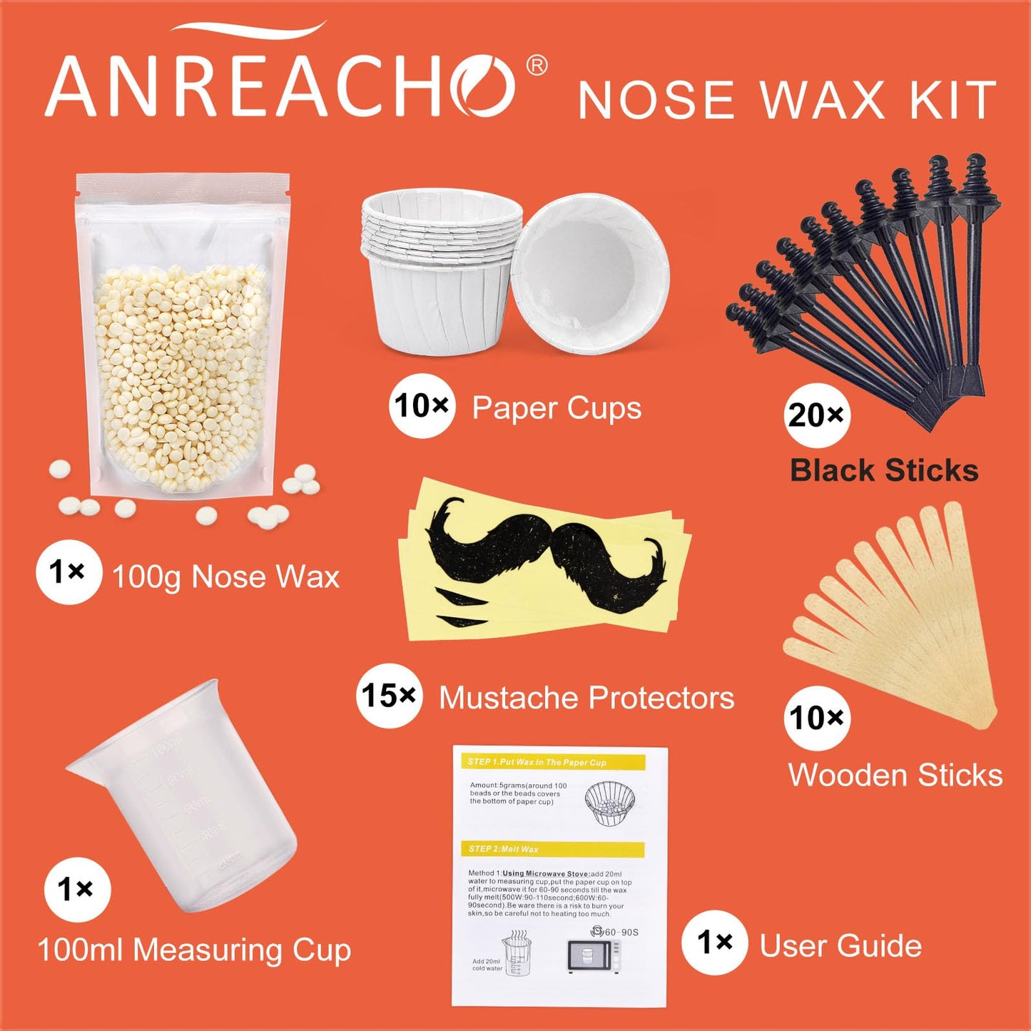 Nose Wax Kit for Men and Women, ANREACHO Nose Hair Waxing Kit for Men, 100g Nose Hair Wax with 20 Applicators 10 sticks, Ear Hair Removal for Men at Home Safe Easy Quick & Painless (15-20 Times Usage)