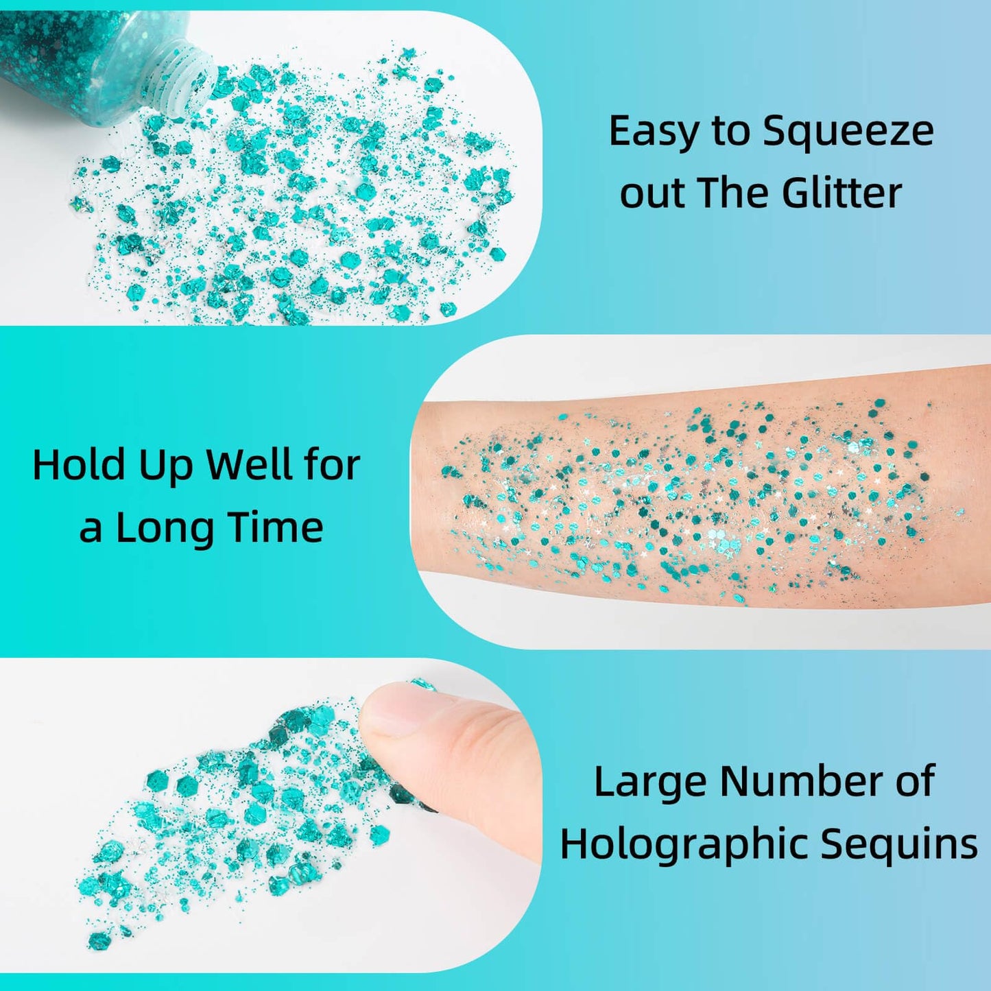 MEICOLY Teal Body Glitter,Mermaid Face Glitter Gel,Sequins Glitter Face Paint,Dazzle Green Chunky Glitter for Face Body Eye Lip Hair,Sparkling Holographic Gel Glitter Makeup for Women and Kids,50 ml