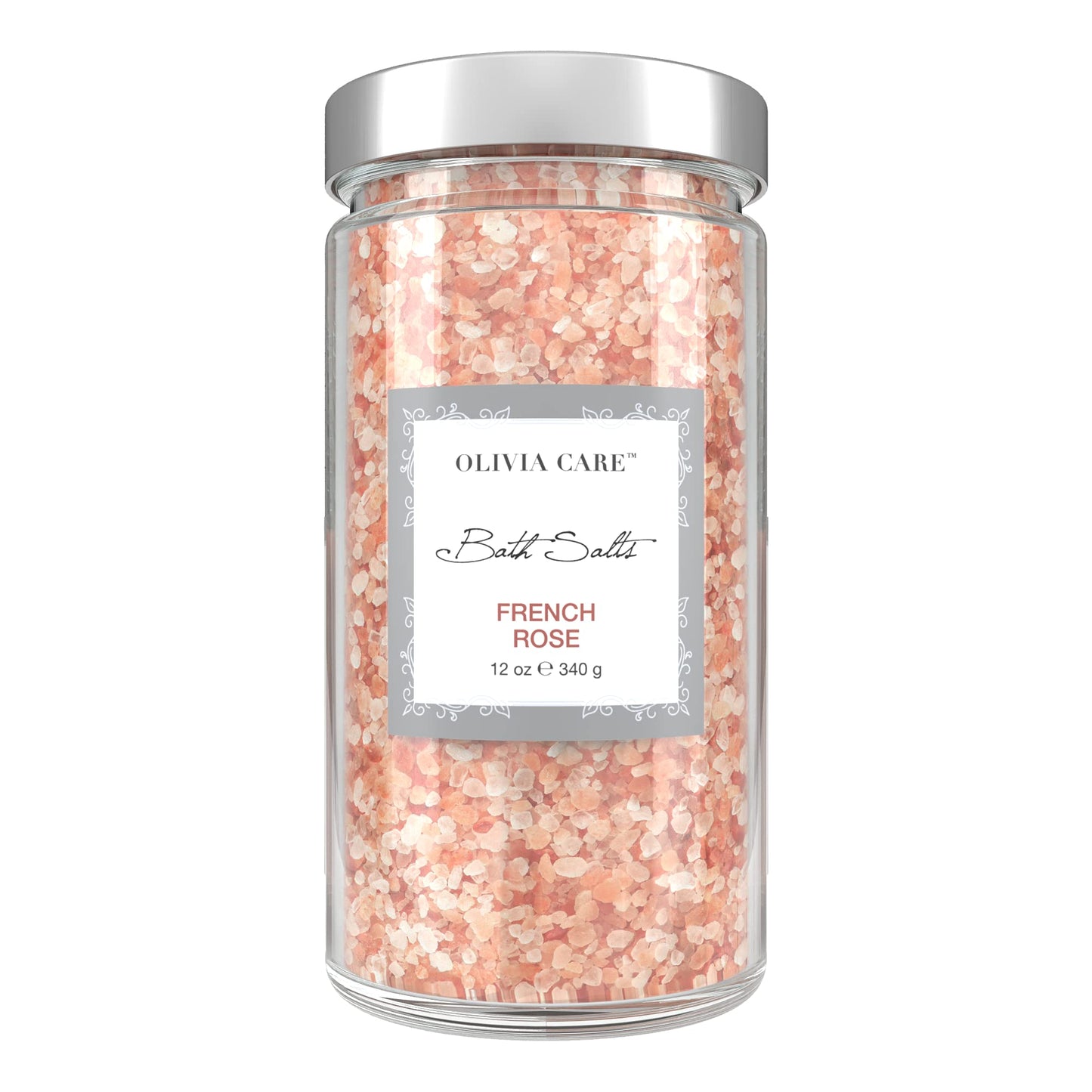 Olivia Care Pink Himalayan Bath Salts with French Rose - Relieves & Relax Muscles. Exfoliate, Heal, Rejuvenate, Cleansing & Soothes Skin | Made with Natural Ingredients. Fresh Fragrance - 12 OZ