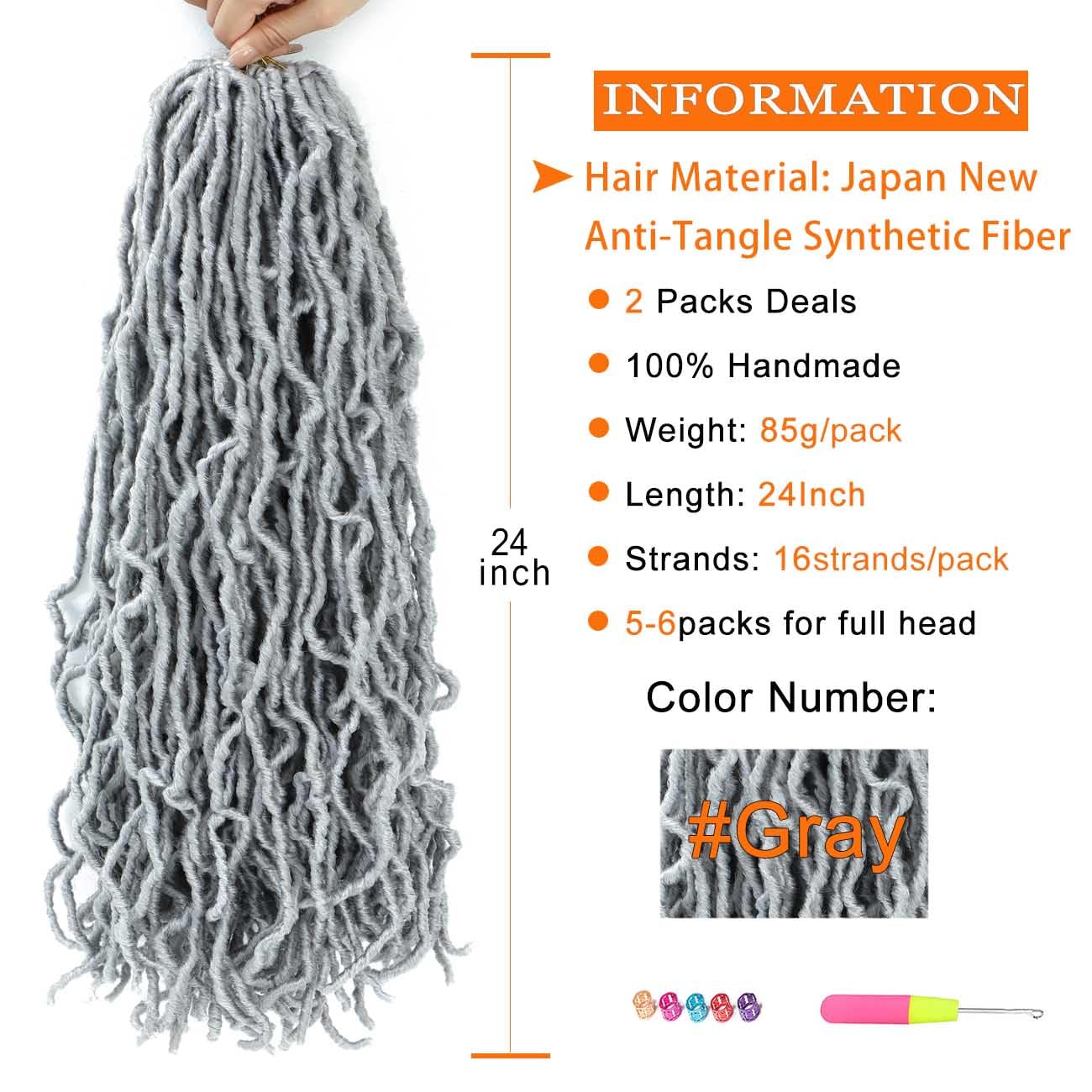 Gray Faux Locs Crochet Hair 24 inch 2 Packs Soft Locs Goddess Locs Crochet Braids Pre-Looped New Locs Crochet Hair for Black Women Synthetic Goddess Locs Braiding Hair (24 Inch, 2 Packs, Gray#)