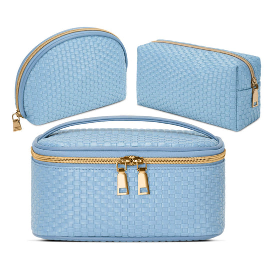 KTMOUW Makeup Bag 3 Pcs Waterproof Cosmetic Bag Set Portable Travel Cosmetic Bag Multifunction Organizer Storage Bag Weave Toiletry Bag for Women, Light Blue