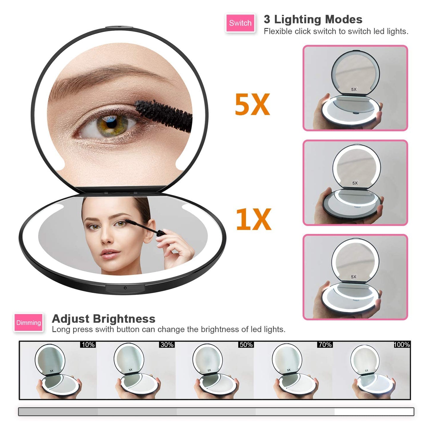 LED Lighted Travel Makeup Mirror Foldable, Dual Sided Vanity Mirror with Lights Portable Compact Illuminated Folding Tabletop Cosmetic Mirror, 1x/5x Magnifying Handheld Pocket Mirrors