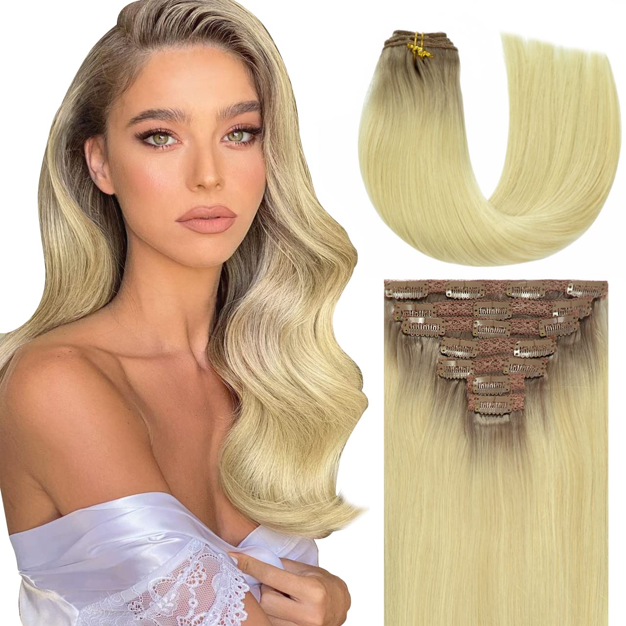 Lacer Real Human Hair Extensions Clip Ins Platinum Blonde with Lightest Brown Roots 120G with 16 Clips 7Pcs Lace Clip in hair 14 Inch