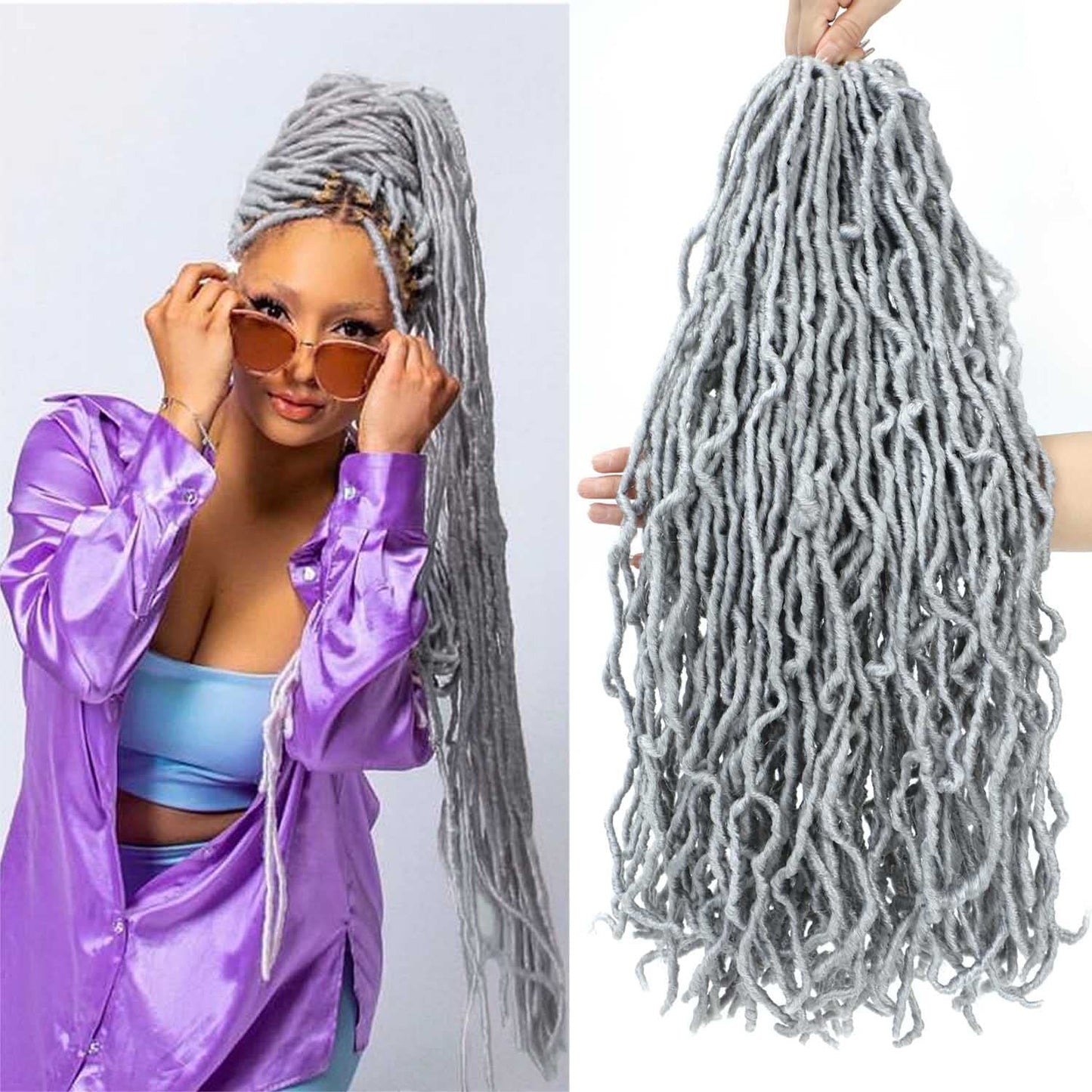 Gray Faux Locs Crochet Hair 24 inch 2 Packs Soft Locs Goddess Locs Crochet Braids Pre-Looped New Locs Crochet Hair for Black Women Synthetic Goddess Locs Braiding Hair (24 Inch, 2 Packs, Gray#)