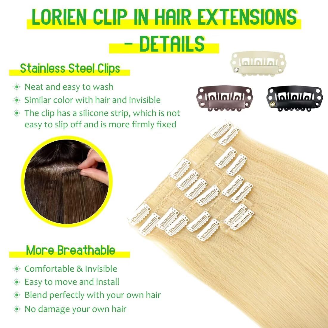 LORIEN 20 Inch Blonde Clip in Hair Extensions Real Human Hair 80g Clip in 100% Human Hair Extensions 8pcs Per Set with 18Clips Double Weft #613 Blonde Color