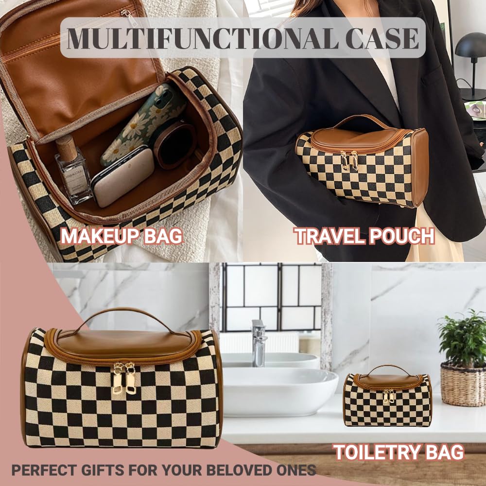 Waztyuk Checkered Makeup Bag Travel Purse Toiletry Bag Women Cute Cosmetic Case Portable Hanging Organizer for Essentials (Brown)