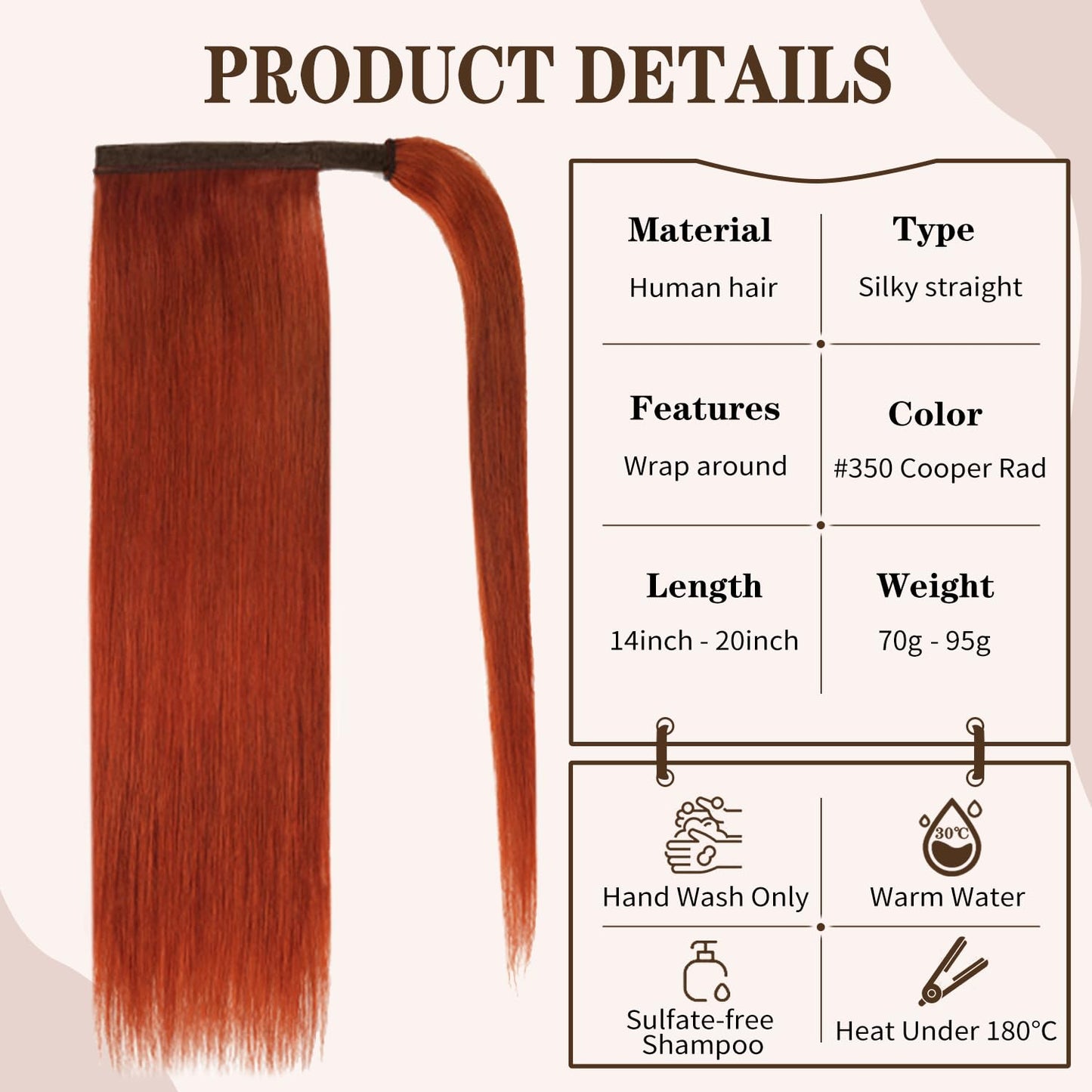 18" Ponytail Extension Human Hair #350 Copper Red Clip in Ponytail Hair Extension 85g Straight Remy Human Hair Wrap Around Ponytail for Women