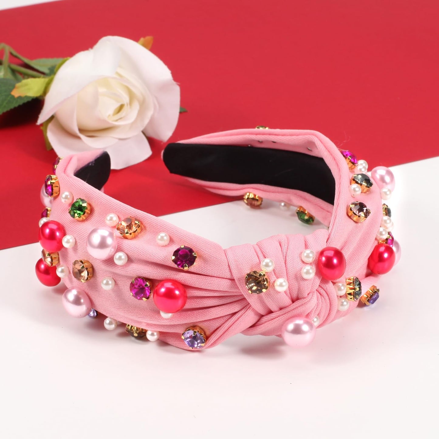 Pink Headbands with Pearl Rhinestone Wide Knotted Headbands Crystal Jeweled Head Bands for Women's Hair Embellished Non Slip Sparkly Hair Accessories for Girls Valentine's Day Gifts