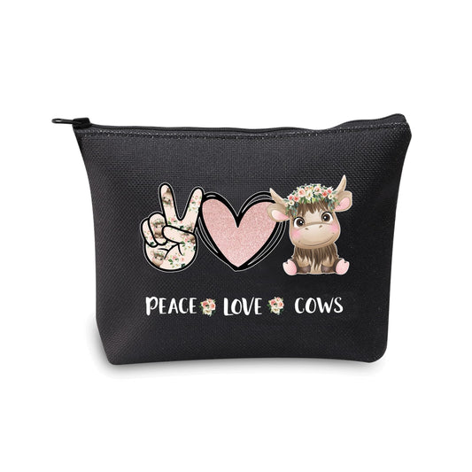 JXGZSO Cow Pattern Makeup Bag Peace Love Cows Cosmetic Bag With Zipper Cow Lover Gift Cattle Owner Animal Lover (Peace Love Cows black)