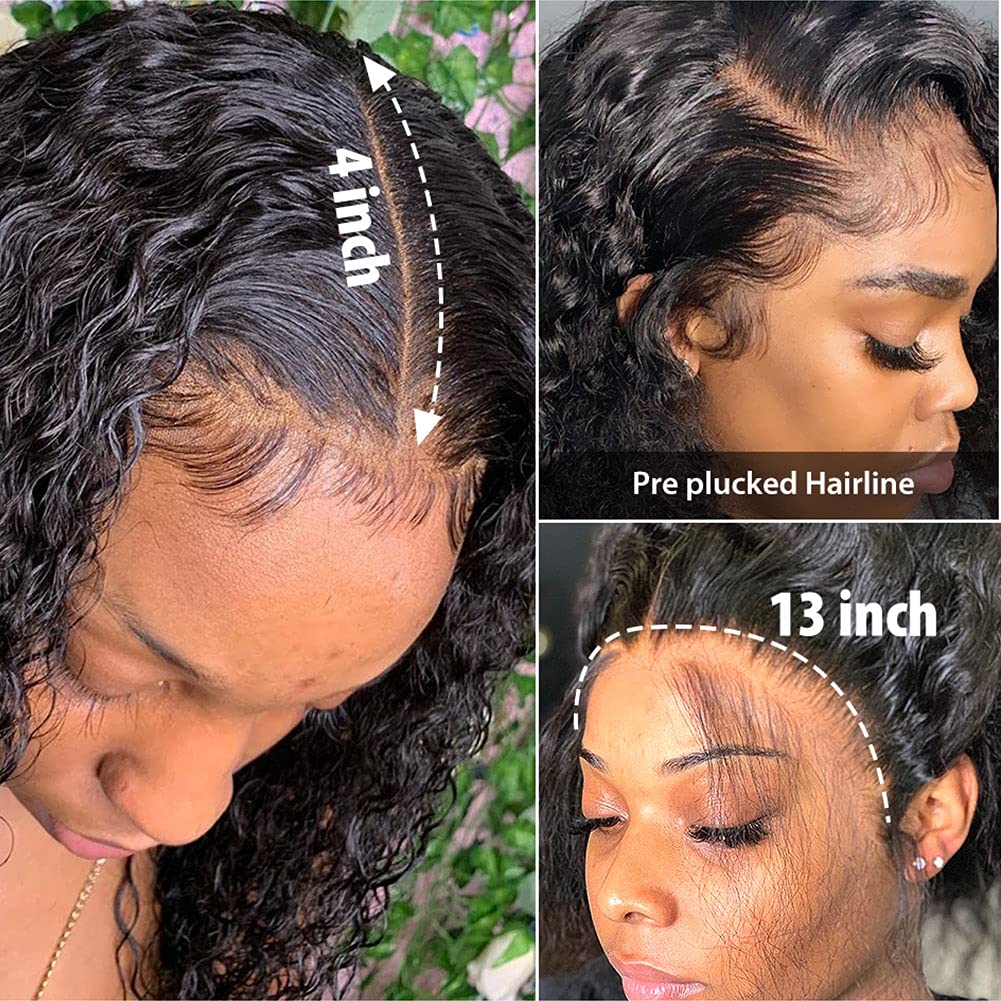 SWEETGIRL 16 Inch Curly Bob 13x4 Lace Front Wigs Human Hair Pre Plucked Hairline 180 Density Water Wave Bob Cut Frontal Wigs for Black Women Natural Color