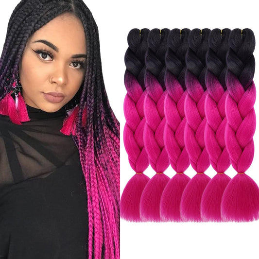 MAYSA Hot Pink Ombre Braiding Hair Extensions Pre stretched Braiding Hair 24 Inch 6Packs Soft Synthetic Braiding Hair Extensions #Black-Hot Pink