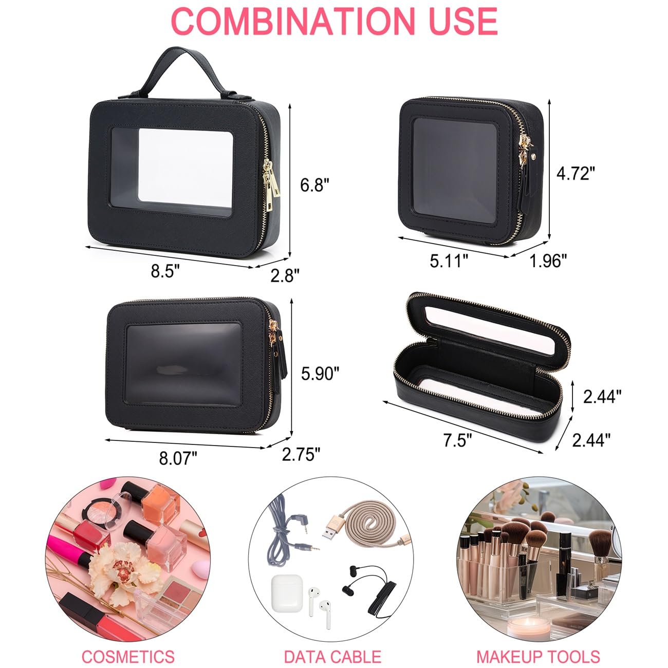 Pinkmik Clear Mini Makeup Bag Transparent Travel Cosmetic Makeup Case & Toiletry Bag for Women Clear Car Bag (C/Black, MINI)