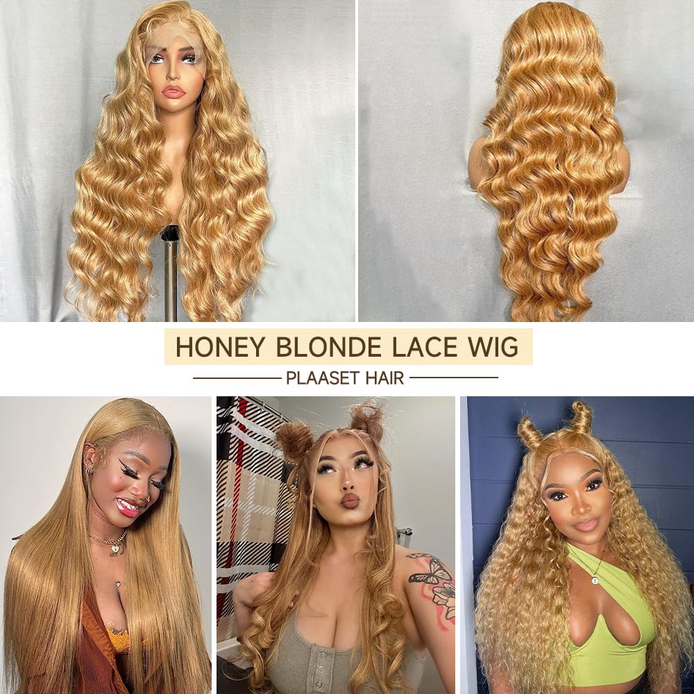 PLAASET Honey Blonde Lace Front Wig Human Hair Pre Plucked 200% Density Body Wave Honey Blonde HD Lace Front Wigs Human Hair 27# Colored Ash Blonde Wig Human Hair 13X4 HD Lace Frontal Wigs 20 Inch