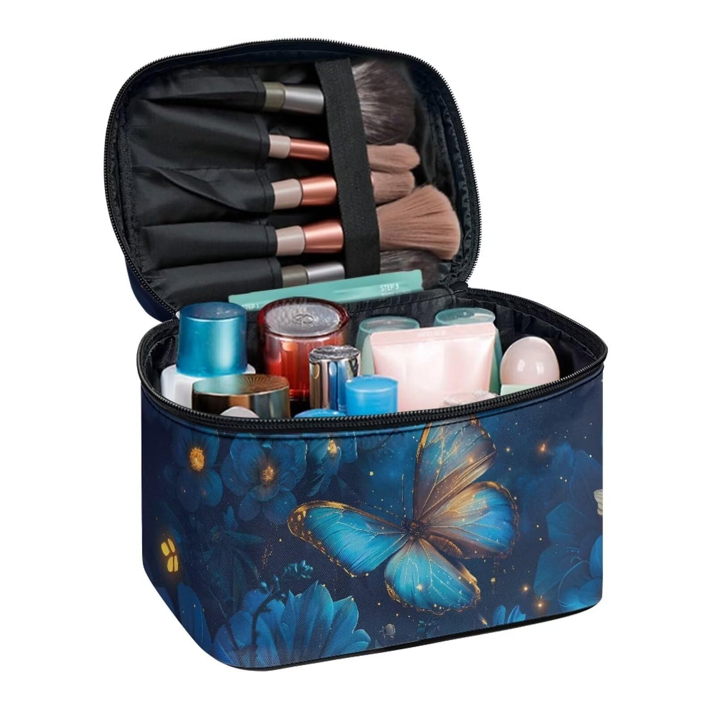 Biyejit Toiletry Bag for Women Protable Travel Makeup Bag Organizer Cosmetics Bag for Travel Large Capacity Essentials Accessories Cosmetics, Blue Butterfly Floral