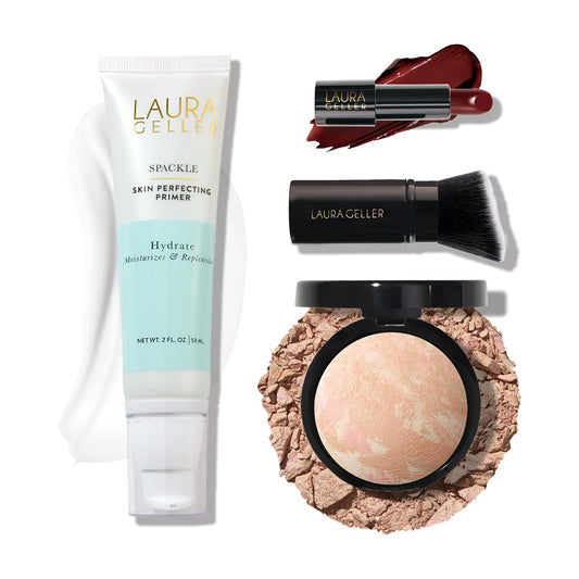 LAURA GELLER NEW YORK Effortless Essentials Kits (4pc): Baked Balance-n-Brighten Foundation, Porcelain + Spackle Makeup Primer, Hydrate + Modern Classic Cream Lipstick, Berry Bliss + Kabuki