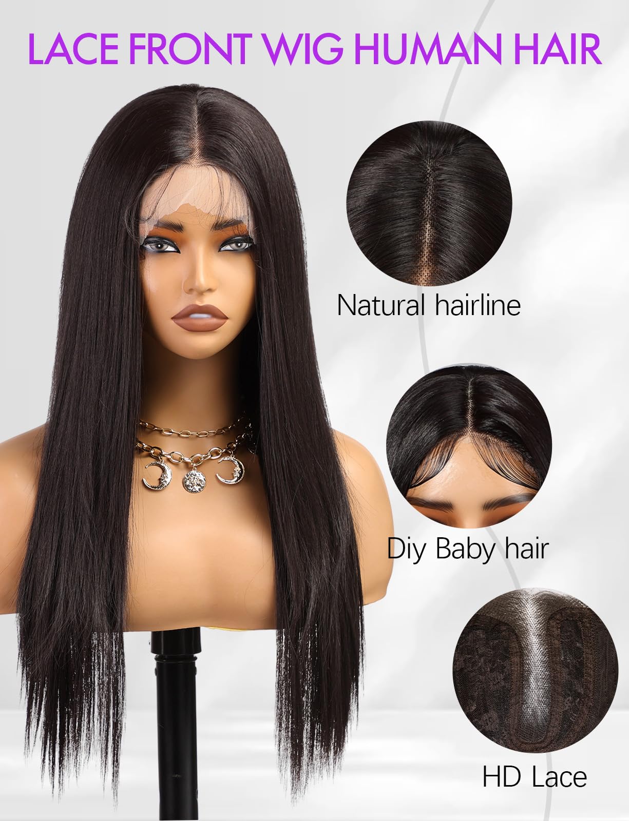 Getshow Lace Front Wig Synthetic Long Straight Gluless Black Wigs With Baby Hair For Women 26Inch