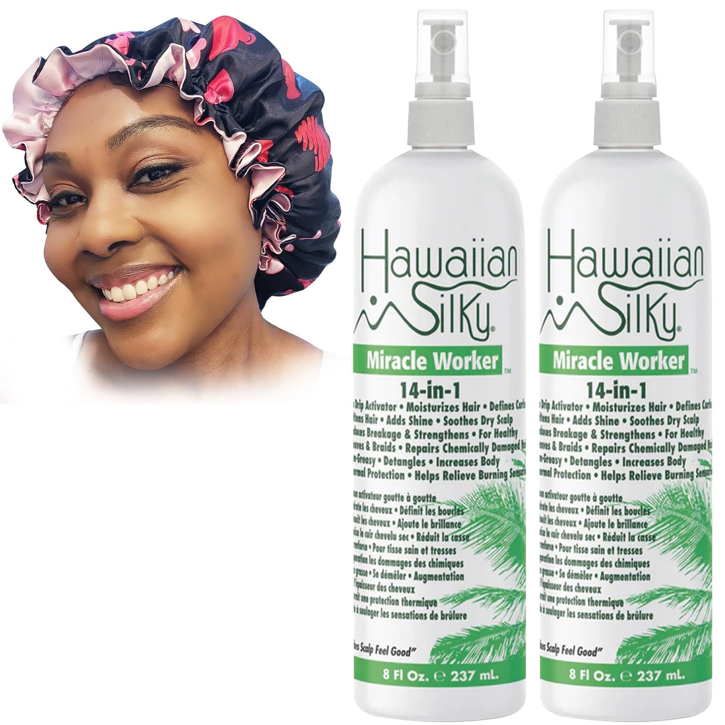 Zomac Satin Bonnet Bundled with Hawaiian Silky Miracle Worker 14 in 1 Hair Moisturizer (Leave In Conditioner) (Hearts)