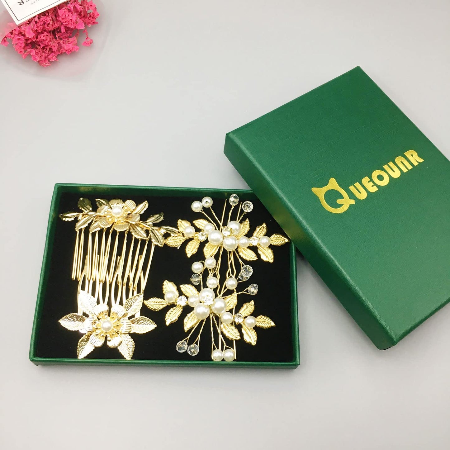 QUEOUNR Gold Bridal Hair Comb, 4PCS Wedding Hair Combs with Rhinestone Pearl Hair Pins Clips Head-piece Hair Accessories for Women Girls,H21