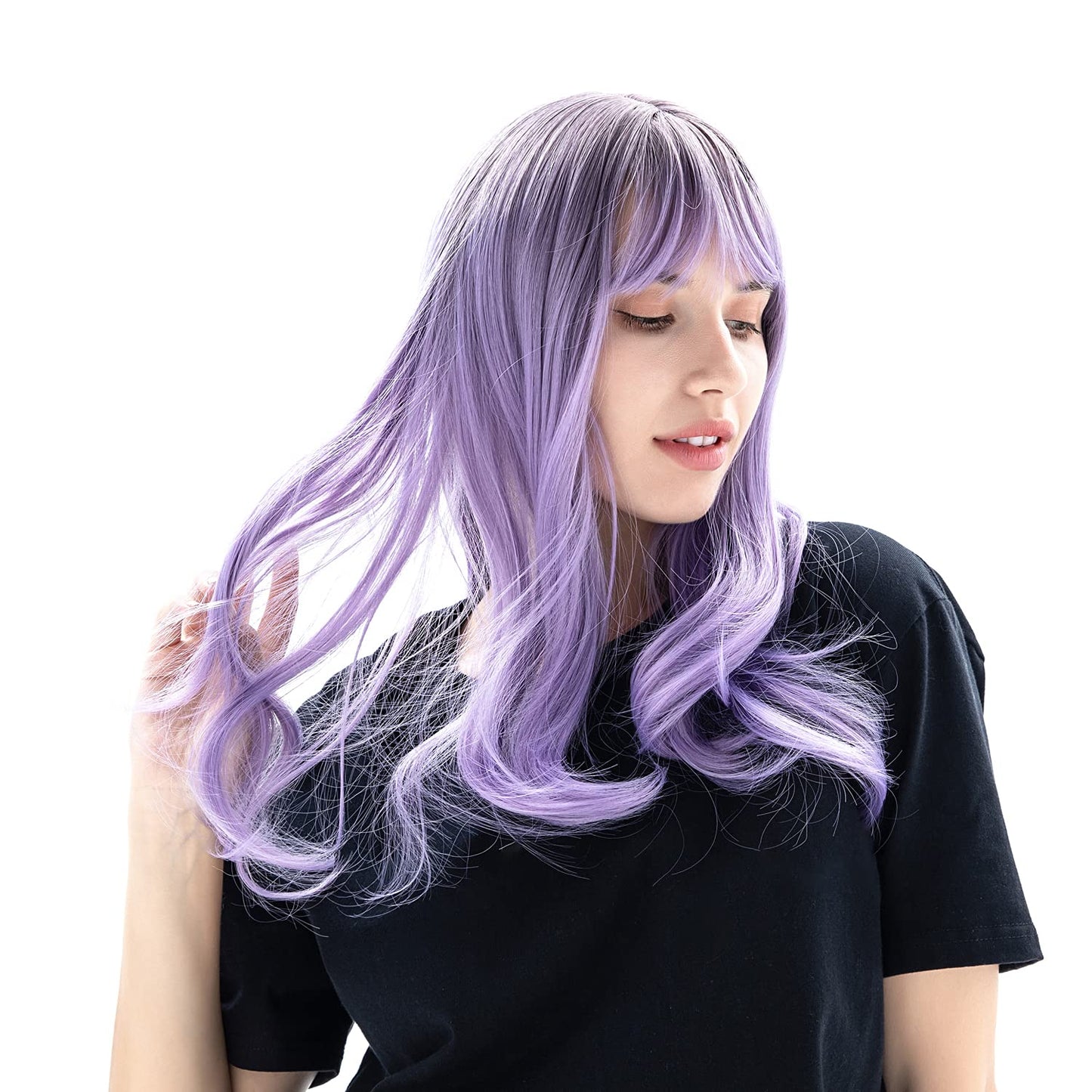 pelosofia long natural wavy with bangs ombre Black to purple for women wigs heat resistant Synthetic comfortable daily party costume wigs