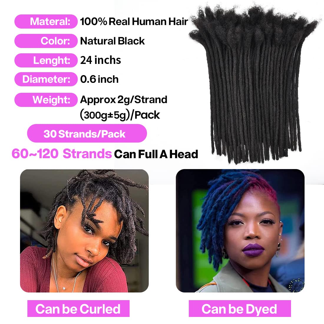 Loc Extensions Human Hair Dreadlock Extensions for Men/Women 100% Real Human Hair Permanent Dreadlock Extensions Locs Extensions Human Hair Can Be Dyed (30 Locs-24 Inch, 0.6cm-1B Natural Black)