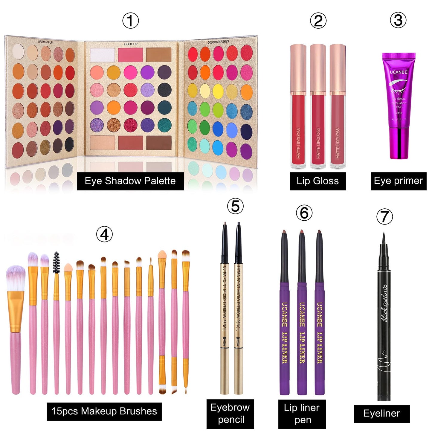 UCANBE Makeup Set for Women Full kit, Included 86 Color Eyeshadow Palette with 15pcs Make Up Brushes, Eyeliner Pen, Eye Primer, Eyebrow Pencil, Lip liner and Liquid Lipstick All in One Gift Set