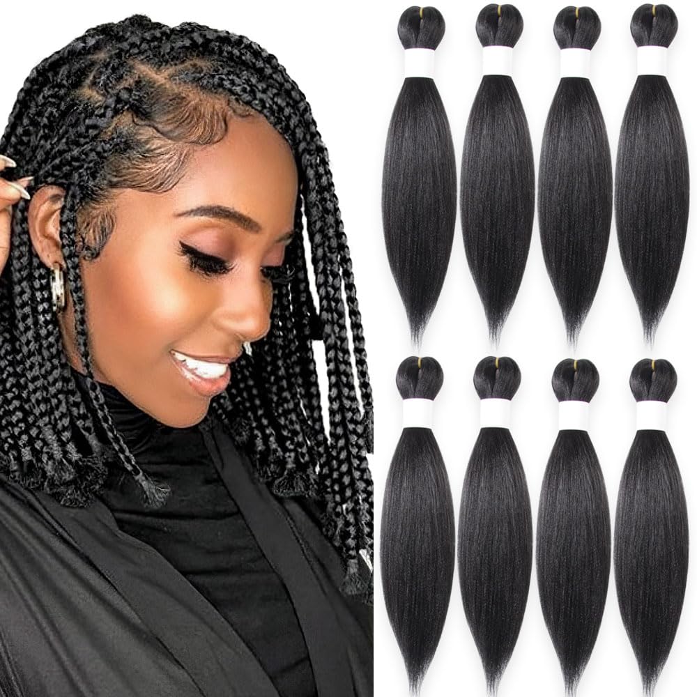 KAVSORAPI Braiding Hair 16 Inch Pre Stretched Hair Black Color Short Straight Crochet Braids Yaki Texture Synthetic Hair 8 Packs (1B/Natural Black)